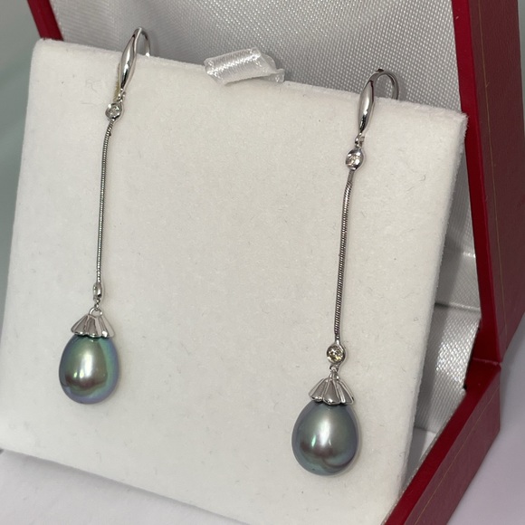 Solid Stamped 14K White Gold Tahitian Pearl Natural Diamond Bezel Drop Earrings - Picture 8 of 13